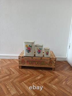 3 Vintage Retro Antique French Kitchen Nesting Enamel Cannisters Metal Art Decor