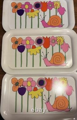 3pc Ohio Art Co. MOD Snail Flower Metal Tray Set Vintage MCM RETRO kitchen Decor