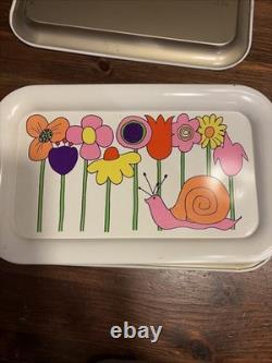 3pc Ohio Art Co. MOD Snail Flower Metal Tray Set Vintage MCM RETRO kitchen Decor