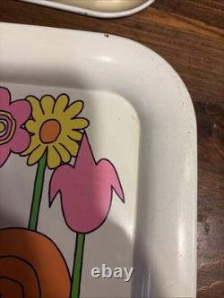 3pc Ohio Art Co. MOD Snail Flower Metal Tray Set Vintage MCM RETRO kitchen Decor