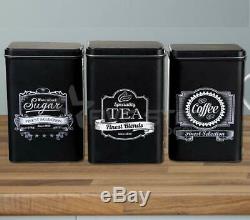 3pc Retro Tea Coffee Sugar Kitchen Storage Canisters Jar Tin Set Canister Black