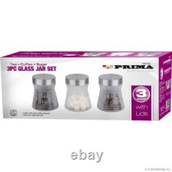 3pc Stainless Steel Tea Coffee Sugar Canister Retro Kitchen Glass Jar Storage