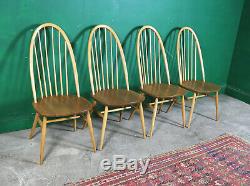 4 Blonde Ercol Quaker Dining Chairs, Retro, Kitchen, Vintage