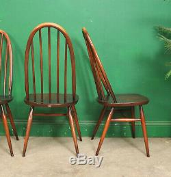 4 Vintage Ercol Quaker Dining Chairs, Dark Elm, Stickback, Retro, Kitchen
