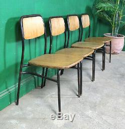 4 Vintage Metal Stacking Chairs, Solid Wood Seats, Industrial, Tubular, Kitchen