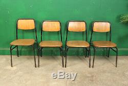 4 Vintage Metal Stacking Chairs, Solid Wood Seats, Industrial, Tubular, Kitchen