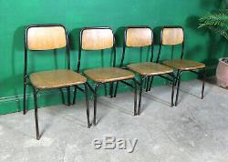 4 Vintage Metal Stacking Chairs, Solid Wood Seats, Industrial, Tubular, Kitchen