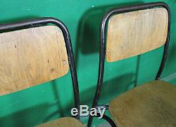 4 Vintage Metal Stacking Chairs, Solid Wood Seats, Industrial, Tubular, Kitchen