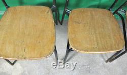 4 Vintage Metal Stacking Chairs, Solid Wood Seats, Industrial, Tubular, Kitchen