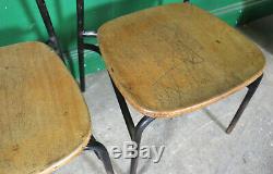 4 Vintage Metal Stacking Chairs, Solid Wood Seats, Industrial, Tubular, Kitchen