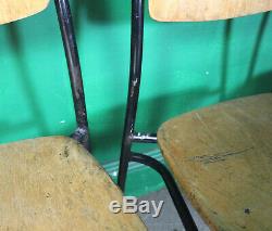 4 Vintage Metal Stacking Chairs, Solid Wood Seats, Industrial, Tubular, Kitchen