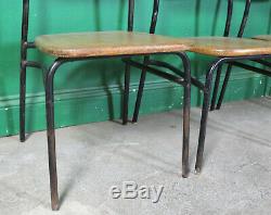 4 Vintage Metal Stacking Chairs, Solid Wood Seats, Industrial, Tubular, Kitchen