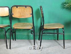 4 Vintage Metal Stacking Chairs, Solid Wood Seats, Industrial, Tubular, Kitchen