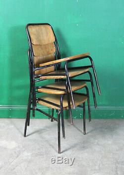 4 Vintage Metal Stacking Chairs, Solid Wood Seats, Industrial, Tubular, Kitchen