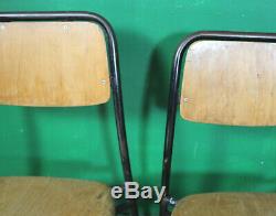 4 Vintage Metal Stacking Chairs, Solid Wood Seats, Industrial, Tubular, Kitchen