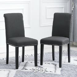 4x Dark Gray Dining Chairs High Back Fabric Upholstered Room Kitchen with Rivets