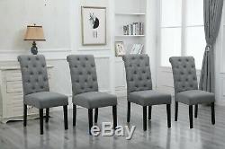 4x Grey Button Dining Chairs Tufted High Back Fabric Padded Dining Room Kitchen
