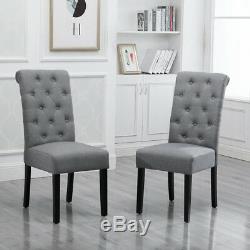 4x Grey Button Tufted High Back Dining Chairs Fabric Upholstered Room Kitchen