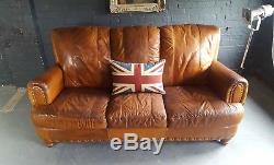 507. Chesterfield Leather vintage & distressed 3 Seater Sofa brown Tan Courier av