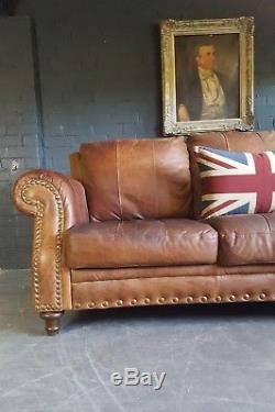 593. Chesterfield Vintage 3 Seater Sofa Antique Brown Leather Courier av
