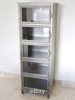 5 Glass Doors Metal Industrial Display Cabinet On Wheels Metal Storage Unit New