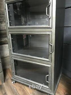 5 Glass Doors Metal Industrial Display Cabinet On Wheels Metal Storage Unit New