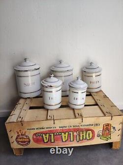 5 Vintage Retro Antique French Kitchen Nesting Enamel Cannisters Metal Art Decor