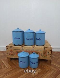 5 Vintage Retro Antique French Kitchen Nesting Enamel Cannisters Metal Art Decor