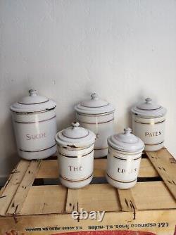 5 Vintage Retro Antique French Kitchen Nesting Enamel Cannisters Metal Art Decor