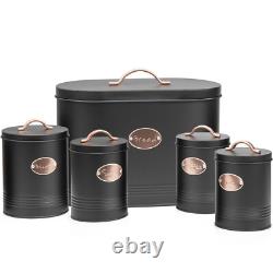 5pc Kitchen Bread Bin Set Tea Coffee Sugar Biscuit Tins, Barrel Sealed Containers