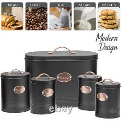 5pc Kitchen Bread Bin Set Tea Coffee Sugar Biscuit Tins, Barrel Sealed Containers