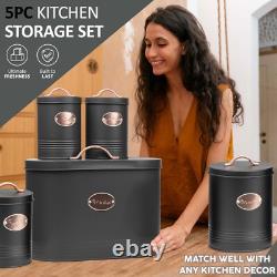 5pc Kitchen Bread Bin Set Tea Coffee Sugar Biscuit Tins, Barrel Sealed Containers