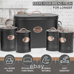 5pc Kitchen Bread Bin Set Tea Coffee Sugar Biscuit Tins, Barrel Sealed Containers