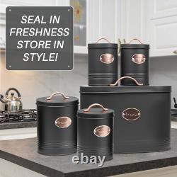 5pc Kitchen Bread Bin Set Tea Coffee Sugar Biscuit Tins, Barrel Sealed Containers