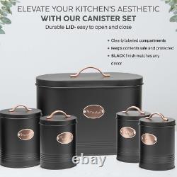 5pc Kitchen Bread Bin Set Tea Coffee Sugar Biscuit Tins, Barrel Sealed Containers