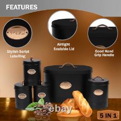 5pc Kitchen Set Bread Bin Tea Coffee Sugar Tins Biscuit Barrel Sealed Containers