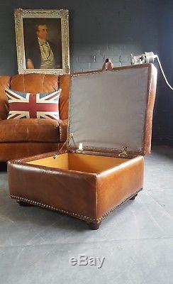 635. Chesterfield Leather Vintage 3 Seater Sofa & Pouffe brown Tan Courier av