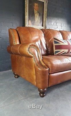 635. Chesterfield Leather Vintage 3 Seater Sofa & Pouffe brown Tan Courier av
