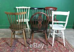 6 Vintage Mixed Dining Chairs, Wood, Painted, Retro, Farmhouse, Kitchen