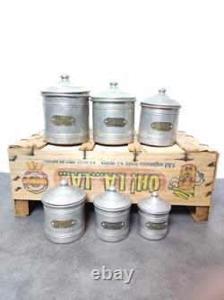 6 Vintage Retro Antique French Kitchen Nesting Aluminium Cannisters Art Decor