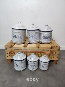 6 Vintage Retro Antique French Kitchen Nesting Enamel Cannisters Metal Art Decor