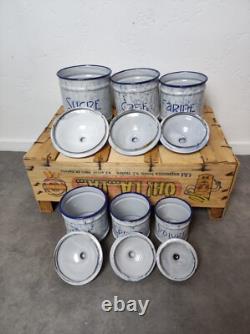 6 Vintage Retro Antique French Kitchen Nesting Enamel Cannisters Metal Art Decor