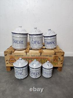 6 Vintage Retro Antique French Kitchen Nesting Enamel Cannisters Metal Art Decor