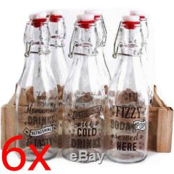 6 X Glass Bottles In Tray Air Tight LID + Straw Drinking Retro 300ml Serving New