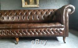 80. Charming Chesterfield Vintage Brown 4 Seater & Pouffe Club Leather Courier AV