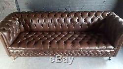 80. Charming Chesterfield Vintage Brown 4 Seater & Pouffe Club Leather Courier AV
