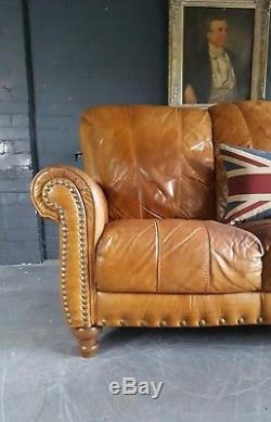 900. Chesterfield Leather vintage & distressed 3 Seater Sofa brown Courier av