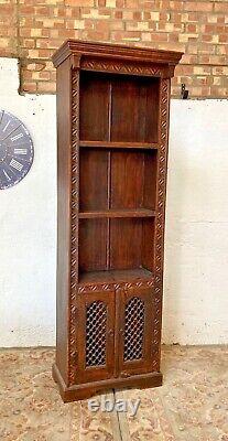 Antique Vintage Dark Wood Ornate Bookcase with Chain Lattice Bottom Cupboard