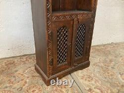 Antique Vintage Dark Wood Ornate Bookcase with Chain Lattice Bottom Cupboard