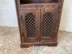 Antique Vintage Dark Wood Ornate Bookcase with Chain Lattice Bottom Cupboard